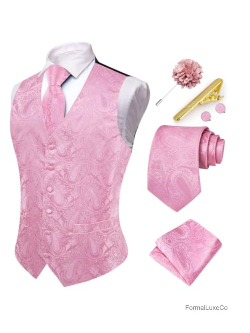 Men's Satin Paisley Jacquard Suit Vest 6PC Set Formal Wedding Party